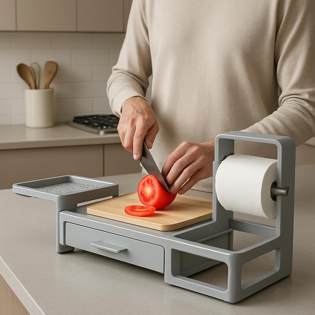 A person, wearing a beige shirt to the upper arm, is cutting a tomato into slices half way for another slice, using one ha...