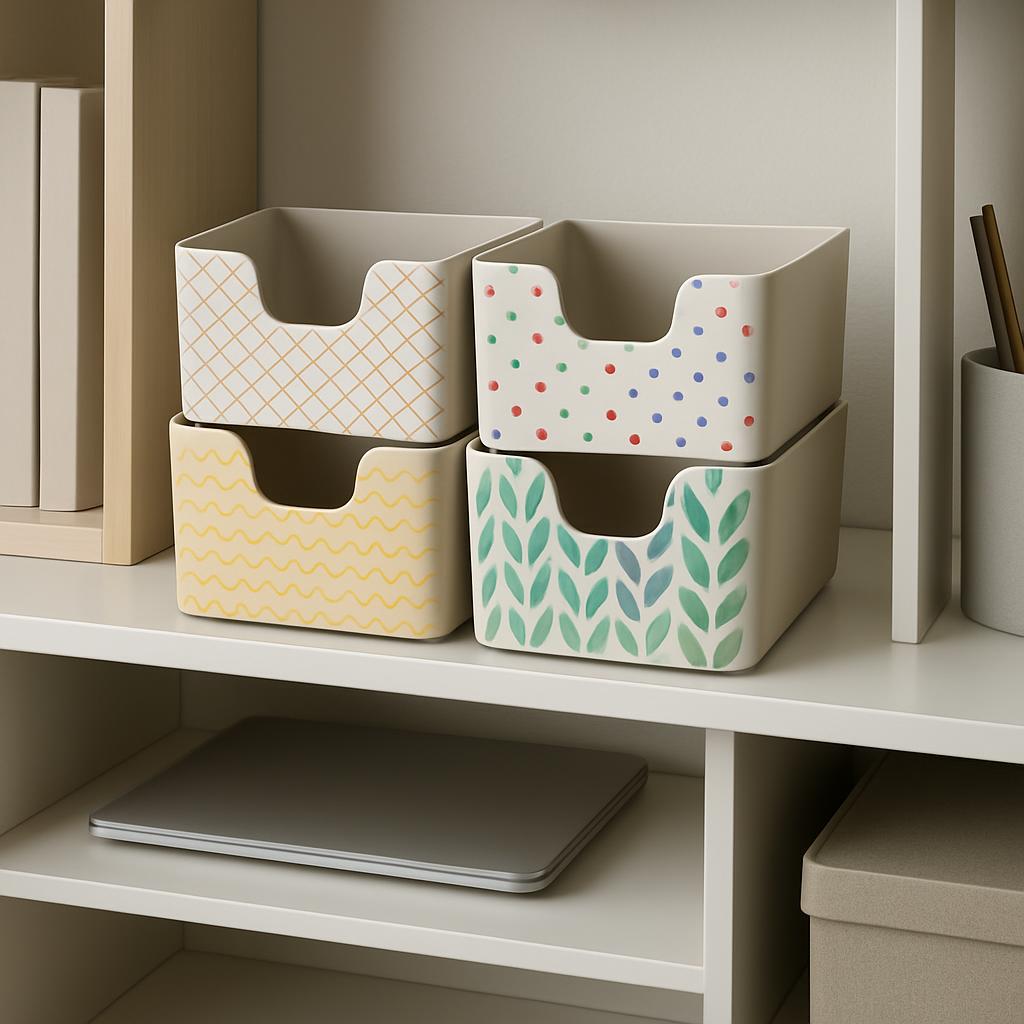 The image depicts a stack of four containers on a bookshelf. The containers are white with various patterns and designs. A...