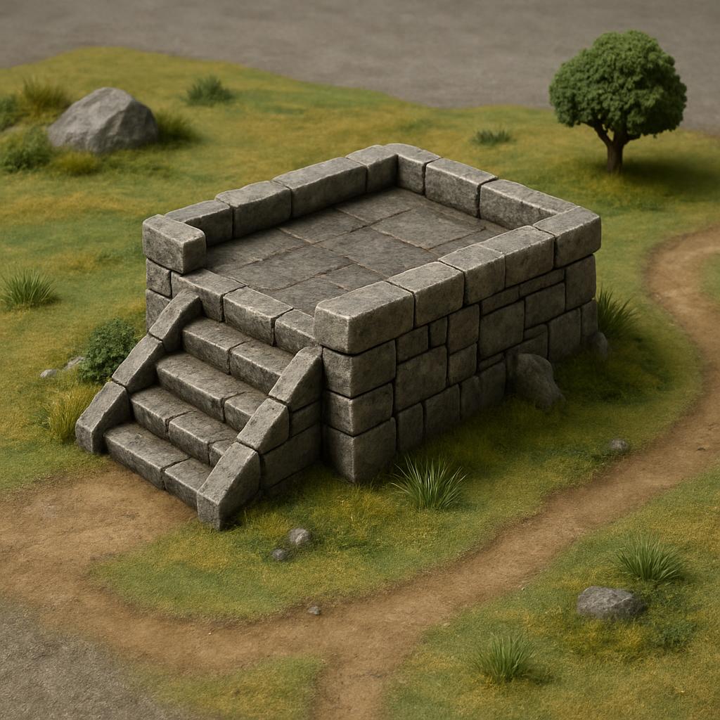 A 3d rendering of a grey stone structure located on a grassy field, featuring stone stairs and a small tree in the top-right.